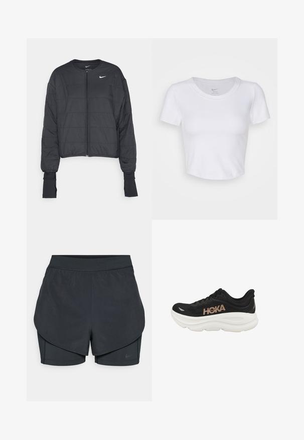 Casaco corto de puffer preto com colarinho alto, fecho de correr frontal e mangas longas. Apresenta textura acolchoada e um pequeno logotipo branco no peito.; Top cropped branco, de mangas curtas, feito de material sintético suave. Apresenta um decote redondo e o logotipo da Nike dentro da gola.; Calções desportivos pretos com um design em camadas, apresentando uma camada exterior suave e calções interiores ajustados. Feitos de um tecido leve e elástico.; Sapatilha de corrida preta com um cabedal em malha texturizada, logótipo HOKA em destaque em dourado, entressola branca espessa e detalhes sutis do solado em borracha.