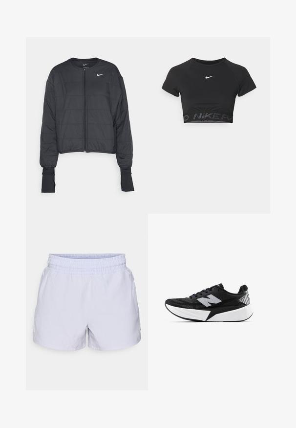 Fekete, rövidített puffernadrág, magas gallérral, elöl cipzárral és hosszú ujjal. Díszítő steppelt mintázat és egy kis fehér logó a mellkason.; Fekete, rövid ujjú, crop sporttop, fehér Nike logóval és texturált pánttal, amelyen a "NIKE" felirat mintázatban szerepel az aljában.; Világos lila rövidnadrág, rugalmas derékkal, sima anyagból készült. Oldalán kis logó részlettel rendelkezik. Könnyű kivitel.; Fekete-fehér New Balance futócipő vastag talppal, hálós felsőrésszel és "N" logóval az oldalon, külső nézetből.