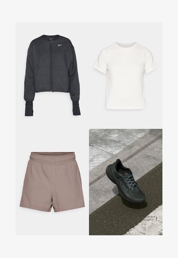 Fekete, rövidített puffernadrág, magas gallérral, elöl cipzárral és hosszú ujjal. Díszítő steppelt mintázat és egy kis fehér logó a mellkason.; Könnyű fehér póló rövid ujjakkal, kerek nyakkal és egy apró logóval a bal felső sarkában. Simasága és enyhe fényessége van.; Világosbarna, sima anyagból készült rövidnadrág, rugalmas derékkal és laza illeszkedéssel, látható zsebek vagy díszítések nélkül.; Fekete futócipő hálós felsőrésszel, texturált részletekkel és logóval, párnázott talppal és szürke fűzőkkel, betonalapra helyezve.