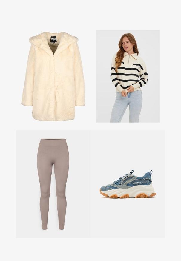 Krémový kabát z umelého kožúška s kapucňou, vo voľnom strihu, s dlhými rukávmi a skrytým predným zapínaním pre minimalizáciu línií. Mäkká textúra.; Krémový sveter s čiernymi horizontálnymi pruhmi, polovičným zipsom na krku a rebrovanými manžetami, skombinovaný so svetlými modrými džínami.; Ribkované legíny v jemnej taupe farbe, s vysokým pásom, úzkym strihom a zúženými členkami. Vyrobené z textúrovaného, elastického materiálu.; Denim tenisky s vrstveným modrým dizajnom, so strapcovými detailmi, bielou masívnou podrážkou a hnedou gumovou podrážkou pre lepšiu priľnavosť.