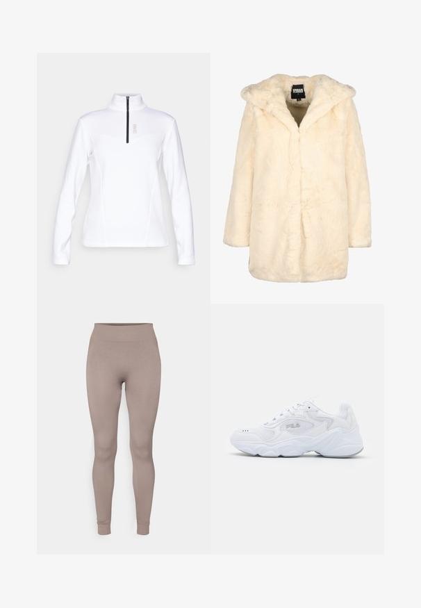 Kremfarget fuskepelsjakke med hette, med en avslappet passform, lange ermer og en skjult frontlukking for minimale linjer. Myk tekstur.; Hvit langermet genser med høy krage, har en glidelås i kvart lengde og en elegant, glatt tekstur. Merkenavnet "COLMAR" vises.; Ribbestrømper i en myk taupe-farge, med høy midje, slim fit og avsmalnede ankler. Laget av et strukturert, elastisk stoff.; Hvite joggesko med et strukturert mesh-overdel, polstret krage og tykk såle. Har en logo på siden og snøring.