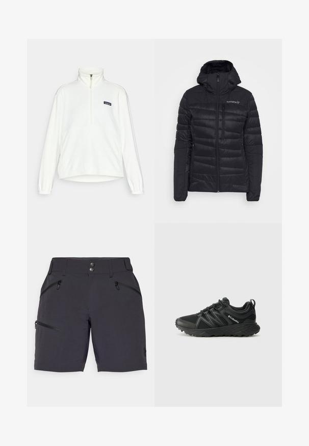 Svart isolert jakke med hette, med horisontalt quiltet mønster, glidelås foran og logo på venstre bryst. Lett materiale.; Hvit fleece-pull med halv-lukkekrage, elastiske mansjetter og et Patagonia-logo. Myk tekstur og avslappet silhuett.; Mørkegrå shorts laget av lette materialer, med to glidelåslommer på siden og to metallknapper i midjen.; Columbia PEAKFREAK - Fjellsko - black