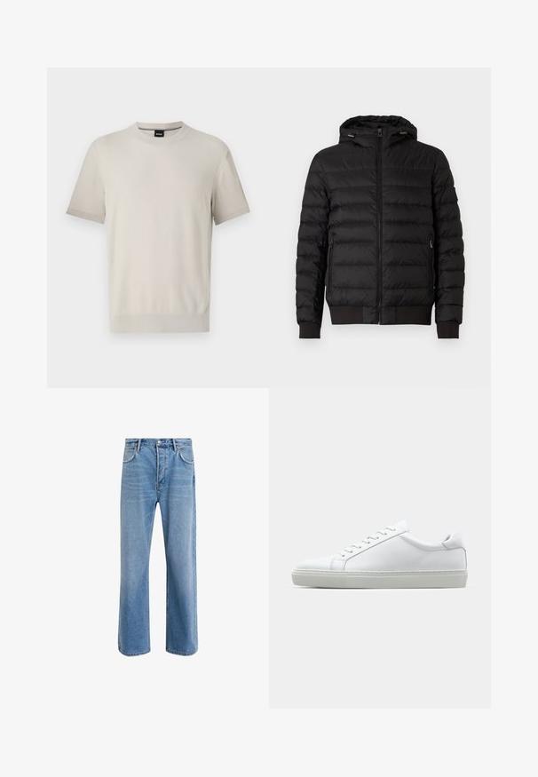 Mustmustest lühikesed puffer-jakk musta värvi kapuutsi ja täispika eesthinge, lukuga küljetaskud ning ribid cuffs ja alläär.; Heledbeez neulepusa, millel on veerand lukk, soonikga kaelus, mansetid ja äär, ning vasakule varrukale on õmmeldud väike patch.; Lühikeste varrukatega ümar kaelusega T-särk heleda beeži tekstuuriga kangast. Omab soonikkoes kaelust ja mansette koos peene kontrastselt ääretsemisega.; Heledad sinine teksapüksid otse lõikega, viie taskuga, nupuga sulgemine, minimaalne kulumine ja kontrastsed õmbluse detailid.; Valge tennisetoss, millel on sile nahk pealis ja madal profiil. Omab ümarat ninaosa, kuut silmust ja tekstuuriga kummist talda.