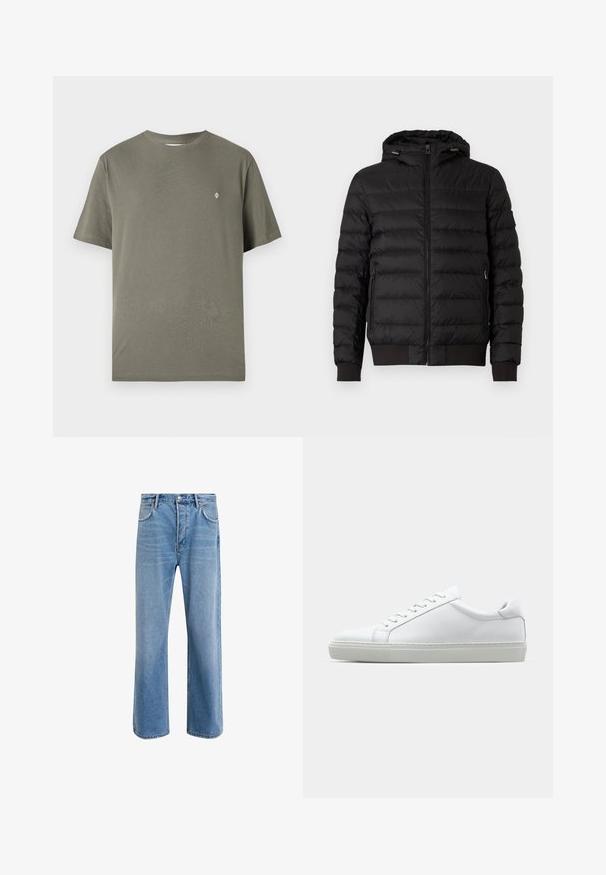 Črna prešita puhovka s kapuco, poln sprednji zadrgo, z zadrgo zaprte stranske žepe ter rebrastimi manšetami in robom.; Svetlo bež pletena pulover s četrt zadrgo, rebrastim ovratnikom, manšetami in robom, z majhnim našitkom na levem rokavu.; Olivnozeleni bombažni T-shirt z okroglim izrezom, kratkimi rokavi in majhno belo logo na prsih. Preprost, neokrašen dizajn.; Svetlo modre denim kavbojke s ravno nogavico, petimi žepi, z gumbom za zapiranje, minimalnim zbledelostjo in kontrastnimi šivi.; Bela športna obutev z gladkim usnjenim zgornjim delom in nizkim profilom. Ima zaokrožen nos, šest lukenj za vezalke in teksturiran gumijast podplat.