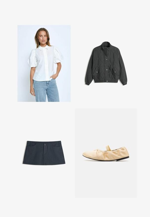 Črna prešita jakna z visokim ovratnikom, sprednjim zapenjanjem na pritisne gumbke, dvema žepoma s flapom in zapiranjem na pritisne gumbke ter elastičnima rokavoma in robom.; Bela bluzica s puff rukavima, s prednjim kopčanjem, ovratnikom i čvrstom teksturom, u kombinaciji s svijetloplavim trapericama na neutralnoj pozadini.; Mornarsko modra mini krila s prugicami, z sprednjimi žepi in enim gumbom za zapiranje na pasu.; Proenza Schouler GLOVE BALLET FLATS - Balerinke s paščkom - light/pastel yellow