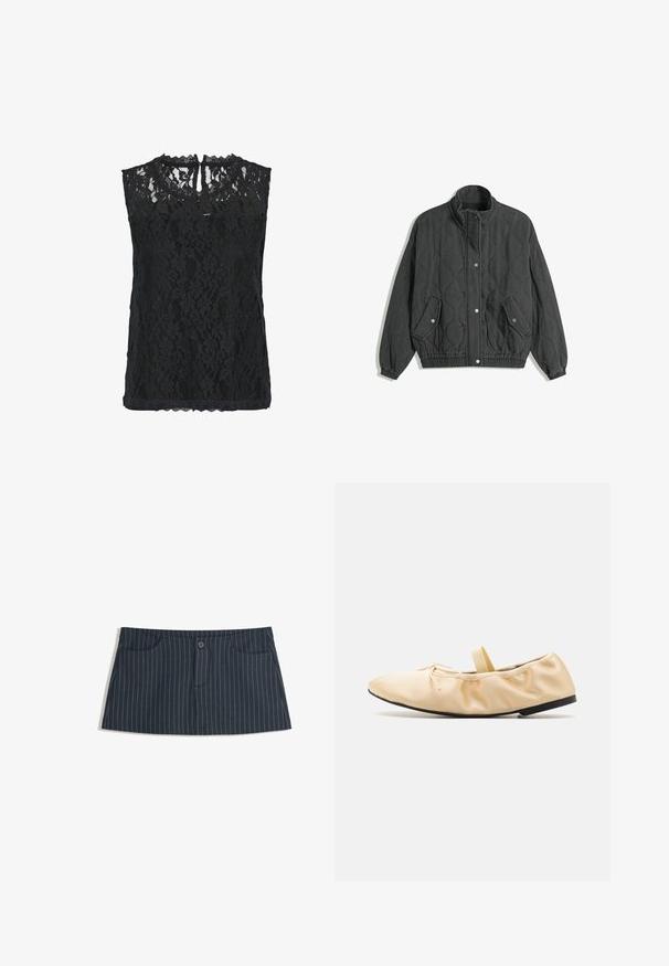 Mustat vuoratut takki, jossa on korkea kaulus, nepparikiinnitys edessä, kaksi läppätaskua nepparilla, sekä joustavat hihansuut ja helma.; Mustat pitsiset topit ilman hihoja, jossa on kukkakuvio, aaltoileva kaula-aukko ja avonainen selkä. Kevyt kangas, jossa on teksturoitu pinta.; Tummansininen pinstripe-minihame, jossa on etutaskut ja yksi napitus vyötäröllä.; Proenza Schouler GLOVE BALLET FLATS - Ballerinat nilkkaremmillä - light/pastel yellow