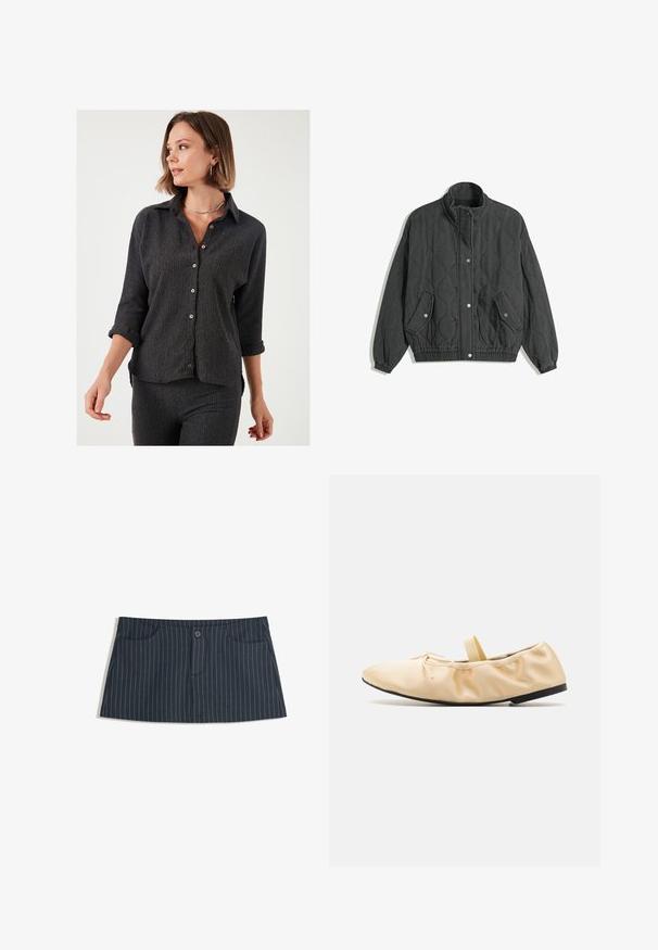Sort quiltet jakke med høj krave, trykknap lukning foran, to klaplommer med trykknap lukninger, samt elastiske mansjetter og kant.; Sort tekstureret skjorte med lange ærmer, der er rullet op til albuerne, med træknapper og et klassisk kravedesign.; Mørkeblå stribet mini nederdel med frontlommer og en enkelt knaplukning i taljen.; Proenza Schouler GLOVE BALLET FLATS - Ballerinasko m/ rem - light/pastel yellow
