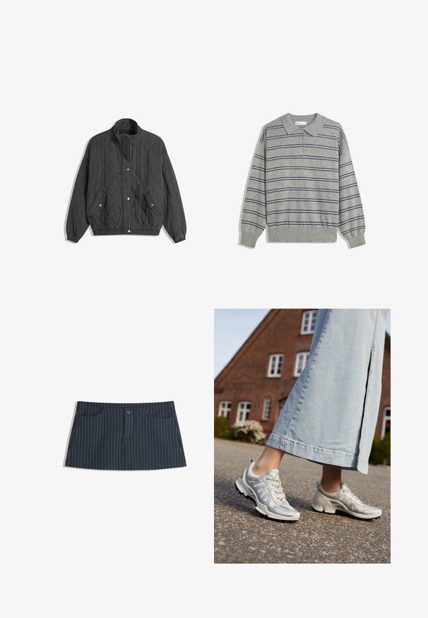 Schwarze gesteppte Jacke mit hohem Kragen, Druckknopfverschluss auf der Vorderseite, zwei Klapptaschen mit Druckknöpfen und elastischen Bündchen sowie Saum.; Grauer langärmeliger Polo-Pullover mit Kragen, der marineblaue horizontale Streifen und eine Knopfleiste am Kragen aufweist. Weiche Textur.; Marineblaues Minirock mit Nadelstreifen, vorderen Taschen und einem einzelnen Knopfverschluss an der Taille.; Hellgraue Sportschuhe mit Mesh-Einsätzen, runden Zehen und strukturierten Sohlen, kombiniert mit einem hellblauen Jeansrock.