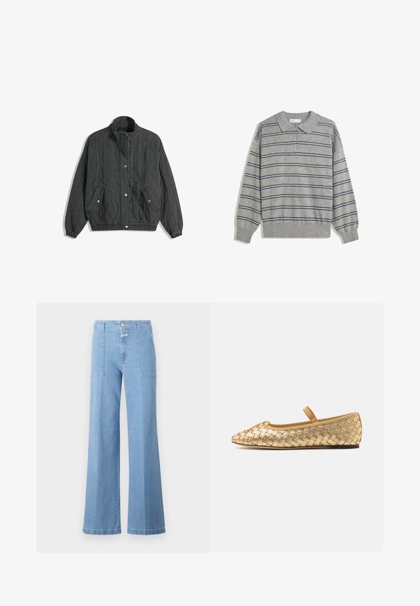 Črna prešita jakna z visokim ovratnikom, sprednjim zapenjanjem na pritisne gumbke, dvema žepoma s flapom in zapiranjem na pritisne gumbke ter elastičnima rokavoma in robom.; Siv dolgi rokavi polo pulover s ovratnikom, ki ima mornarsko modre vodoravne črte in gumbasto zapiranje na ovratniku. Mehka tekstura.; Svetlo modri jeans širokega kroja z visokim pasom, ki imajo dva sprednja žepa in gumbasto zapiranje. Gladka tekstura z minimalnim šivanjem.; Loeffler Randall LEONIE SOFT BALLET FLAT - Balerinke s paščkom - gold