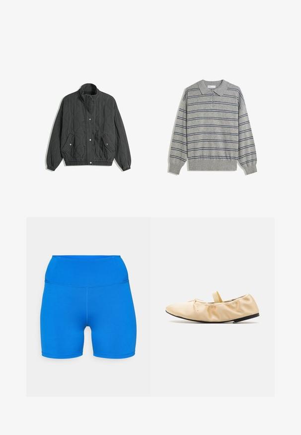 Zwarte gewatteerde jas met hoge kraag, drukknoopsluiting aan de voorkant, twee zakken met klep en drukknoopsluiting, en elastische boorden en zoom.; Grijze lange mouwen polo trui met een kraag, voorzien van marineblauwe horizontale strepen en een knoopsluiting bij de kraag. Zachte textuur.; Blauwe sportschoenen gemaakt van rekbare, ademende stof. Heeft een hoge taille en een naadloos ontwerp, ideaal voor comfort en beweging.; Proenza Schouler GLOVE BALLET FLATS - Ballerina's met enkelbandjes - light/pastel yellow