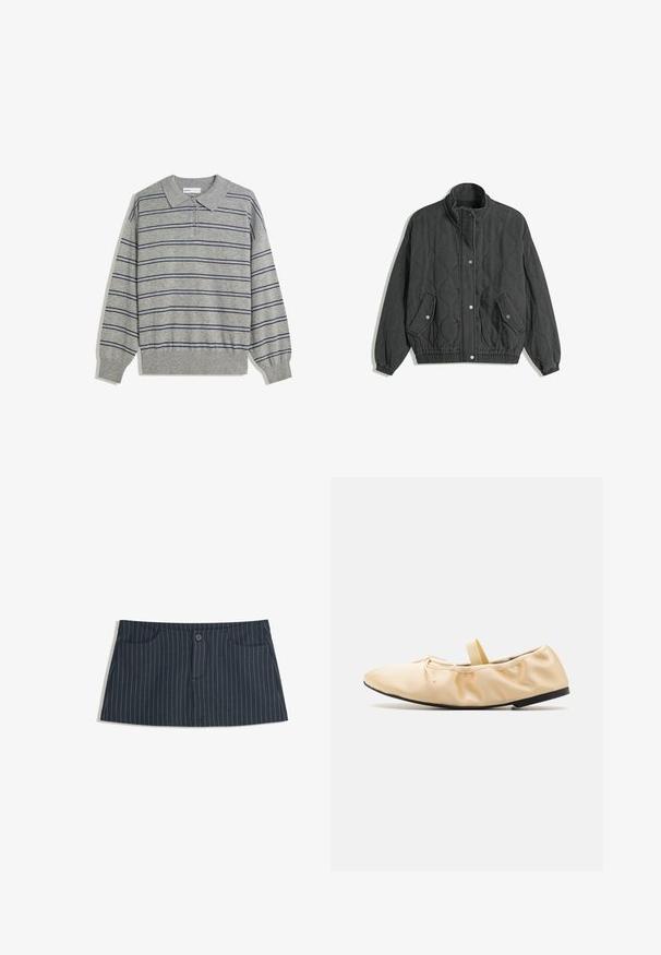 Czarna pikowana kurtka z wysokim kołnierzem, zapięciem na zatrzaski z przodu, dwoma kieszeniami z klapami zapinanymi na zatrzaski oraz elastycznymi mankietami i dołem.; Szary sweter polo z długim rękawem, z kołnierzykiem, z granatowymi poziomymi paskami i zapięciem na guziki przy kołnierzu. Miękka faktura.; Granatowa spódnica mini w paski z przednimi kieszeniami i pojedynczym zapięciem na guzik w talii.; Proenza Schouler - Baleriny z zapięciem