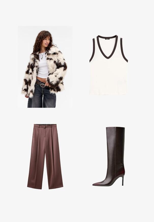 Faux fur-jacka med ett cremefärgat och brunt randmönster, långa ärmar och avslappnad passform, kompletterad med en vit topp och mörka jeans.; Ärmlös vit linne med djup V-ringning och mörkbrun kant runt halsringningen och armhålen.; Breda byxor i mörkbrun tyg med en slät yta, med framveck och sidofickor. Skräddarsydd midja utan synlig hårdvara.; Bruna läderknähöga stövlar med en spetsig tådesign, slät textur och stilettklack. Sömmar längs sidan.