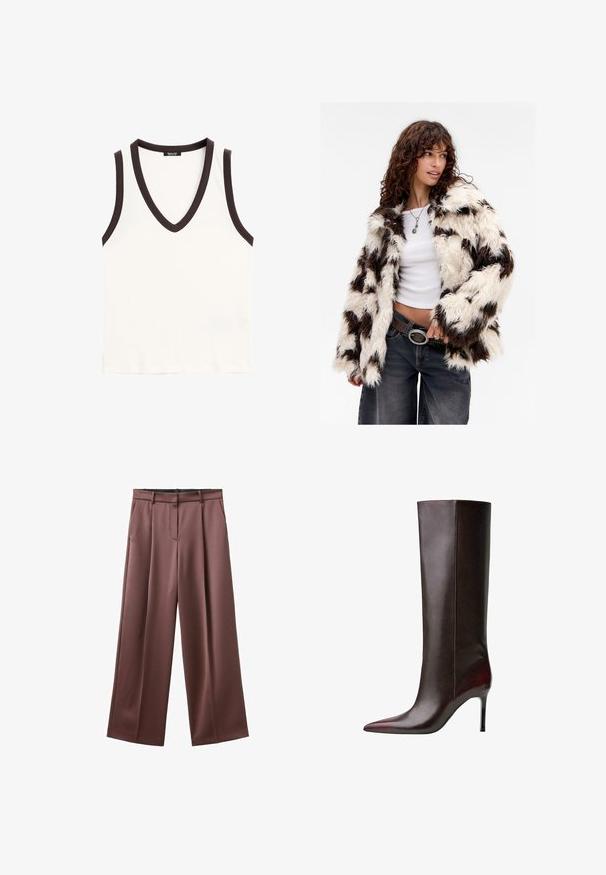 Faux fur jacket with a cream and brown striping pattern, long sleeves, and a relaxed fit, complemented by a white top and dark jeans.; Sleeveless white tank top with deep V-neck and dark brown trim around neckline and armholes.; Wide-leg trousers in dark brown fabric with a smooth texture, featuring front pleats and side pockets. Tailored waistband without visible hardware.; Brown leather knee-high boot with a pointed toe design, sleek texture, and a stiletto heel. Seam detailing along the side.