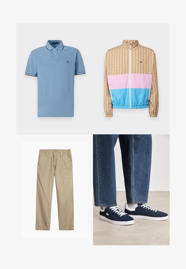 Lahka zip-up jakna z vzorčastim bež zgornjim delom, roza in modrim barvnim blokom na dnu ter elastičnimi manšetami. Lacoste logo na prsih.; Svetlo modra polo majica s ovratnikom, dvema gumboma, belimi in mornarskimi črtami na rokavih ter majhnim logotipom.; Bežne bež hlače ravnega kroja z zanko za pas, sprednjim gumbom in zadrgo ter bočnimi žepki.; Modri platneni športniki z belimi vezalkami in gumijastimi podplati, prikazani z jeans hlačami in sivimi rebrastimi nogavicami, na svetlo sivi površini.