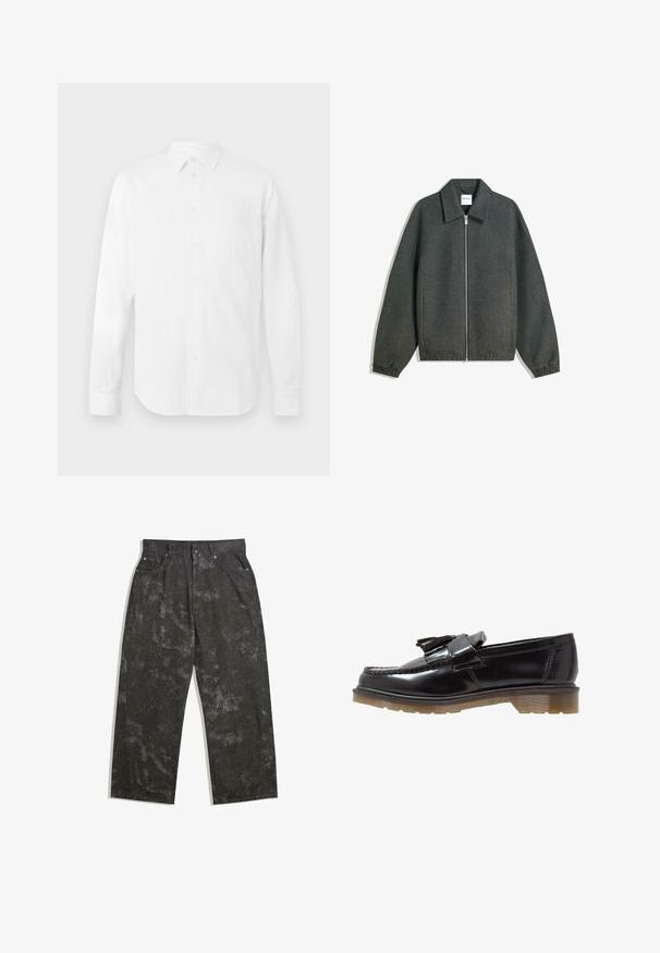 Grå lynlåsjakke med krave, raglanærmer, elastiske manchetter og rynket taljedetalje. Fremstillet af tekstureret stof.; Grå strikket sweater med rund halsudskæring, ribbede manchetter og kant, med en afslappet pasform og blød tekstur.; Hvid langærmet skjorte lavet af tekstureret stof, med klassisk krave, knaplukning foran og lige kant, i en afslappet pasform.; Mørkegrå denimbukser med løs pasform, der har subtile støvlepletter og metalhardware-detaljer. Fem-lomme-design.; Sorte patenterede læderslippers med et fletdesign, frynsedetalje og en kraftig, struktureret gummisål. Sidevinkel viser den slanke silhuet.