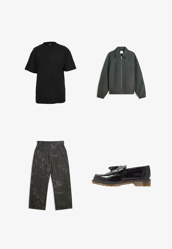 Siva zip-up jakna s ovratnikom, raglan rukavima, elastičnim manžetama i nabrano oblikovanim strukom. Narejena iz teksturirane tkanine.; Siva pletena pulover s okroglim izrezom, rebrastimi manšetami in robom, ki ima sproščen kroj in mehak občutek.; Črna bombažna majica s sproščenim krojem, kratkimi rokavi, okroglim izrezom in gladko, enakomerno teksturo. Brez vidnih logotipov ali vzorcev.; Temno sivi jeans hlače s sproščenim krojem, ki imajo subtilne marmorirane vzorce in kovinske dodatke. Oblikovanje s petimi žepi.; Črne lakirane loafer čevlje s pletenim dizajnom, dodatkom v modi in debelim, teksturiranim gumijastim podplatom. Stranski pogled prikazuje eleganten silhuet.