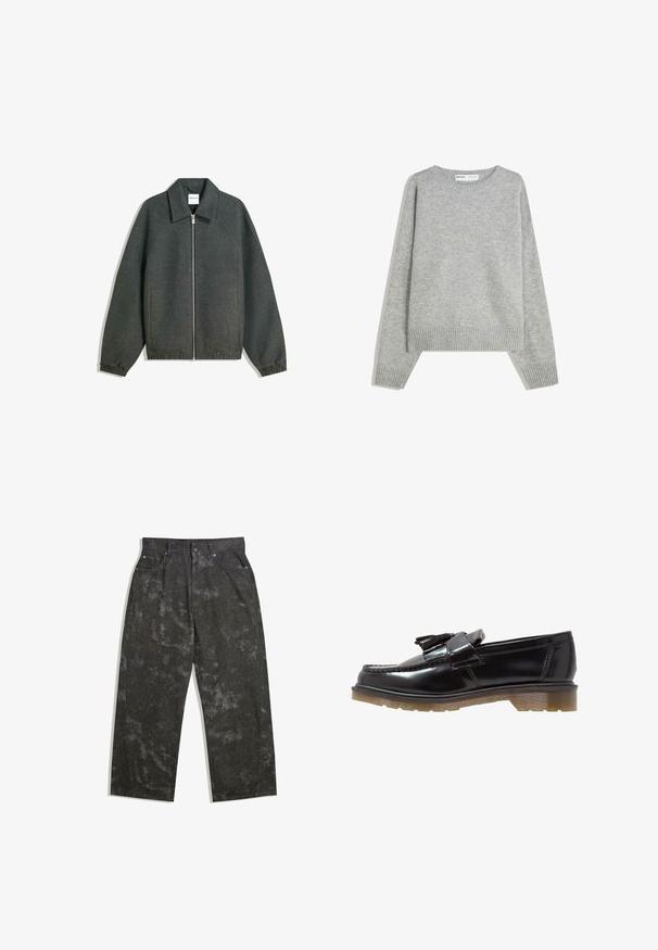 Szürke zipzáras dzseki galléros nyakkivágással, raglán ujjal, rugalmas mandzsettával és összegyűrt derékrésszel. Texturált anyagból készült.; Szürke kötött pulóver, kerek nyakkivágással, bordázott mandzsettákkal és szegéllyel, laza fazonnal és puha textúrával.; Sötétszürke farmernadrág, laza fazonnal, finom márványozott mintákkal és fém kiegészítőkkel. Öt zsebes design.; Fekete lakkbőr loafer cipők fonott dizájnnal, bojtos díszítéssel és tömör, textúrált gumitalppal. Az oldalsó nézet a letisztult sziluettet mutatja be.