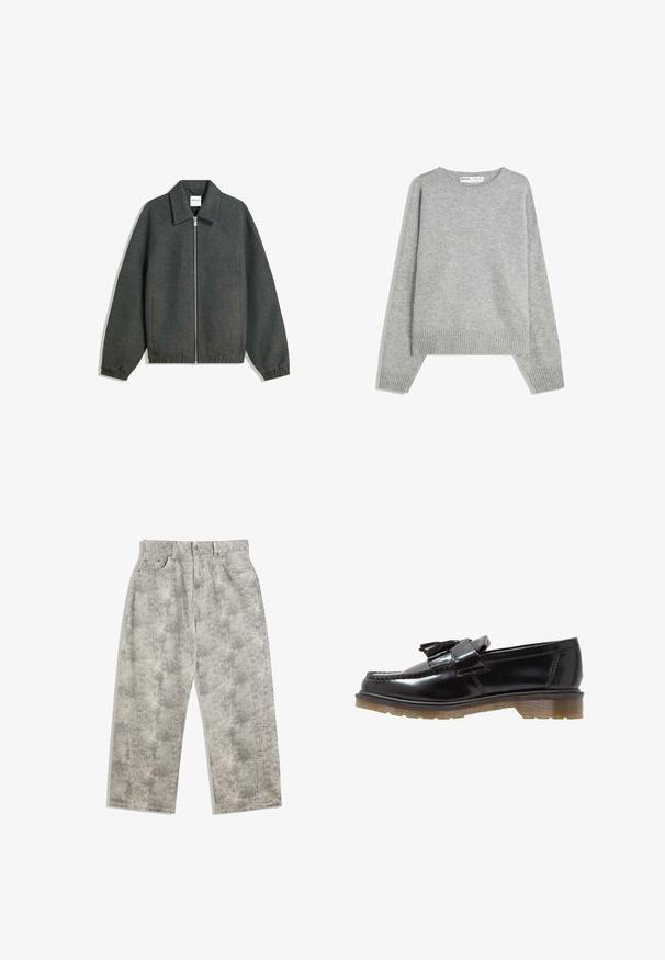 Šedá zipová bunda s golierom, raglánovými rukávmi, elastickými manžetami a zhromaždeným pásom. Vyrobená z textúrovanej tkaniny.; Šedý pletený sveter s okrúhlym výstrihom, rebrovanými manžetami a spodným lemom, ktorý má voľný strih a mäkkú textúru.; Svetlošedé denimové nohavice s voľným strihom a širokými nohavicami. Obsahujú jemnú mramorovanú štruktúru, päť vreciek a predné zapínanie na gombík.; Čierne lakované kožené poltopánky s vrkočovým dizajnom, ozdobou v tvare strapcov a robustnou, štruktúrovanou gumovou podrážkou. Bočný pohľad ukazuje štíhlu siluetu.