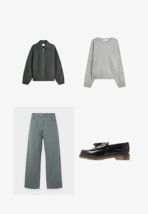 Siva zip-up jakna s ovratnikom, raglan rukavima, elastičnim manžetama i nabrano oblikovanim strukom. Narejena iz teksturirane tkanine.; Siva pletena pulover s okroglim izrezom, rebrastimi manšetami in robom, ki ima sproščen kroj in mehak občutek.; Široke hlače iz mehke zelene bombažne tkanine, ki imajo klasičen pas, zanke za pas, sprednje žepke in kontrastne detajle šivanja.; Črne lakirane loafer čevlje s pletenim dizajnom, dodatkom v modi in debelim, teksturiranim gumijastim podplatom. Stranski pogled prikazuje eleganten silhuet.