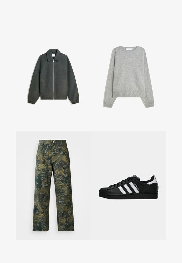Veste zippée grise avec un col, des manches raglan, des poignets élastiques et des détails de taille froncée. Fabriquée en tissu texturé.; Pull en tricot gris avec un col rond, des poignets et un ourlet côtelés, offrant une coupe décontractée et une texture douce.; Pantalons larges en coton avec motif camouflage, de couleur olive, présentant une fermeture à bouton à l'avant, des passants de ceinture et deux poches latérales.; Baskets Adidas Superstar noires avec rayures blanches, bout en coque, et texte "Superstar" sur le côté, montrées en profil sur fond blanc.