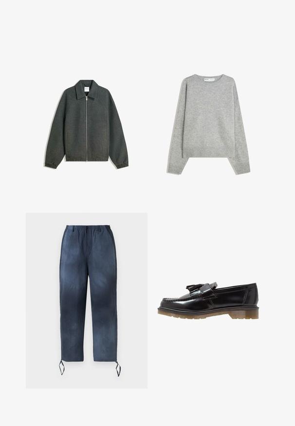 Šedá bunda na zip s límečkem, raglánovými rukávy, elastickými manžetami a nařasením v pase. Vyrobena z texturované látky.; Šedý pletený svetr s kulatým výstřihem, ribbovanými manžetami a lemem, s volnějším střihem a měkkou texturou.; Námořnické modré kalhoty na stažení s elastickým pasem, dvěma bočními kapsami a šňůrkami na kotnících, vystavené na bílém pozadí.; Černé lakované kožené mokasíny s pleteným vzorem, ozdobou s třásněmi a robustní, texturovanou gumovou podrážkou. Boční pohled ukazuje elegantní siluetu.