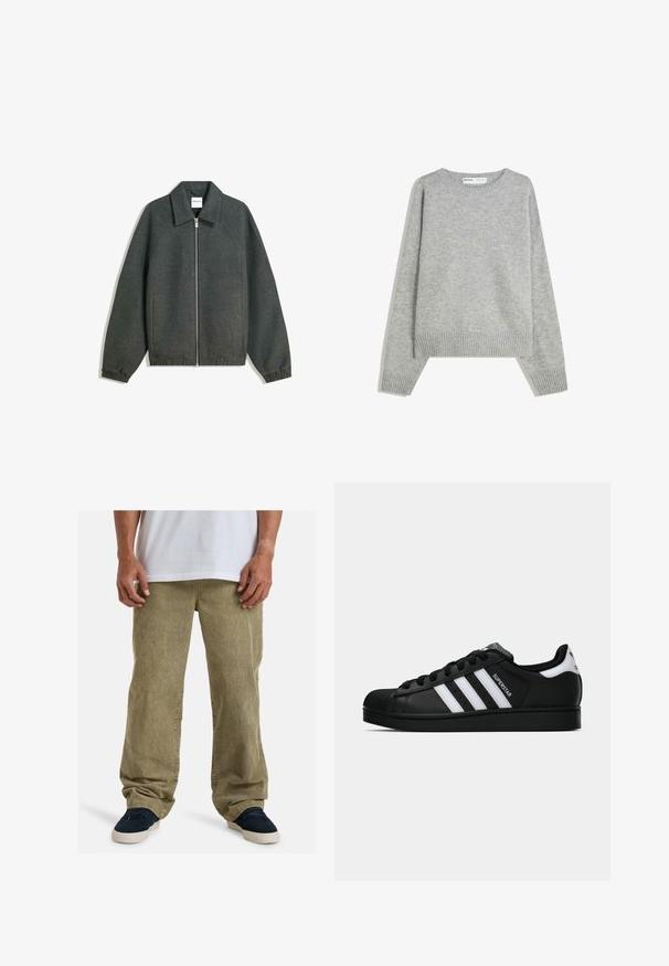 Grå lynlåsjakke med krave, raglanærmer, elastiske manchetter og rynket taljedetalje. Fremstillet af tekstureret stof.; Grå strikket sweater med rund halsudskæring, ribbede manchetter og kant, med en afslappet pasform og blød tekstur.; Olivenfarvede kordfløjlsbukser med en afslappet pasform, der har lige ben, sidelommer og synlig tekstur fra rillet stof.; Sort Adidas Superstar sneaker med hvide striber, skaletå og "Superstar"-tekst på siden, vist i sideprofil på hvid baggrund.
