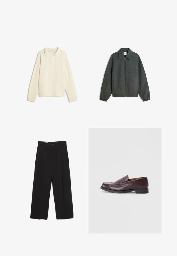 Szürke zipzáras dzseki galléros nyakkivágással, raglán ujjal, rugalmas mandzsettával és összegyűrt derékrésszel. Texturált anyagból készült.; Krém színű pulóver, galléros nyakkivágással, négy gombos zárással, széles bordás mandzsettákkal és szegéllyel. Puha textúrájú, laza fazonú, minimális dizájnnal.; Fekete, bő szárú nadrág sima anyagból, lapos derékpánttal, elülső redőkkel és egy gombos záródással.; Burgundi bőr loafer cipők lekerekített orral, finom varrott részletekkel és alacsony fekete talppal. Klasszikus dizájn, minimális díszítéssel.
