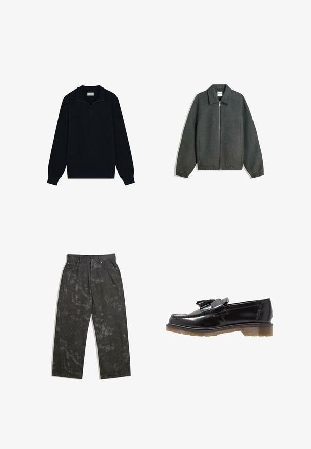 Gray zip-up jacket with a collared neckline, raglan sleeves, elastic cuffs, and gathered waist detailing. Made of textured fabric.; Black zip-up sweater made of soft material, featuring a collared neck, long sleeves, and a subtle logo detail on the chest.; Dark gray denim trousers with a loose fit, featuring subtle mottled patterns and metal hardware accents. Five-pocket design.; Black patent leather loafers with a braided design, tassel accent, and a chunky, textured rubber sole. Side view showcases sleek silhouette.