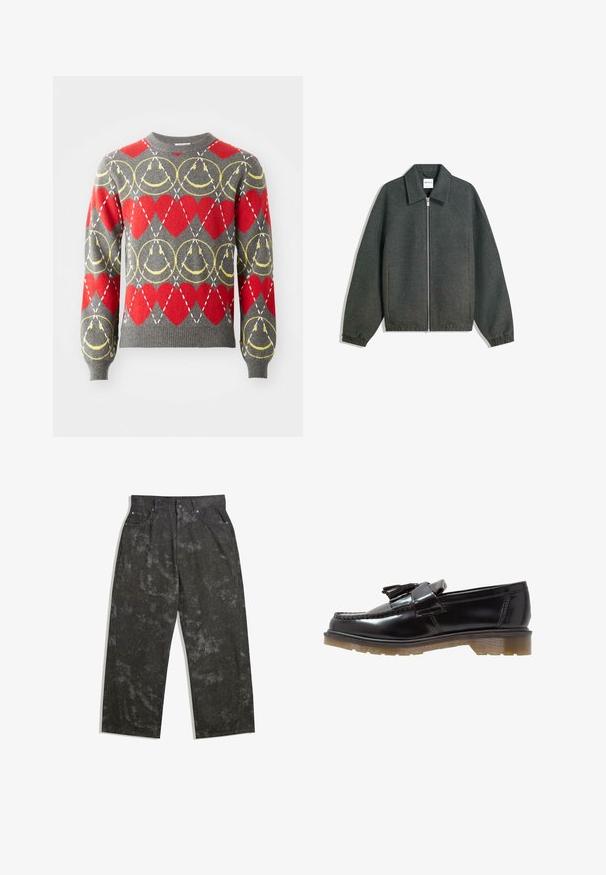 Jachetă gri cu fermoar, cu guler, mâneci raglan, manșete elastice și detalii cu talie strânsă. Fabricată din țesătură texturată.; Pulover gri cu inimi roșii și modele circulare galbene, având linii întrerupte albe dispuse în grilă de diamante pe întreaga design.; Pantaloni din denim gri închis, cu o croială lejeră, având modele marmorate subtile și accente din metal. Design cu cinci buzunare.; Loaferi din piele patent neagră, cu un design împletit, accent cu ciucure și o talpă din cauciuc texturat, robustă. Vederea laterală evidențiază silueta elegantă.