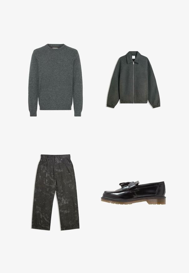 Harmaa vetoketjullinen takki, jossa on kauluksellinen kaula-aukko, raglan-hihat, elastiset hihansuut ja kootut vyötärödetailit. Valmistettu teksturoidusta kankaasta.; Harmaa pyöreäkauluksinen neulepaita, joka on valmistettu teksturoidusta neulekankaasta. Varustettu pitkillä hihoilla sekä resoreilla hihojen päällä ja helmassa. Ei kuvioita tai erottuvia yksityiskohtia.; Tummanharmaat farkut löysällä istuvuudella, joissa on hillityt läikikkäät kuviot ja metalliset yksityiskohdat. Viiden taskun muotoilu.; Musta patentinahkainen loafers-kengät, joissa on punottu muotoilu, tupsuaksentti ja paksu, teksturoitu kumipohja. Sivuprofiili korostaa tyylikästä siluettia.