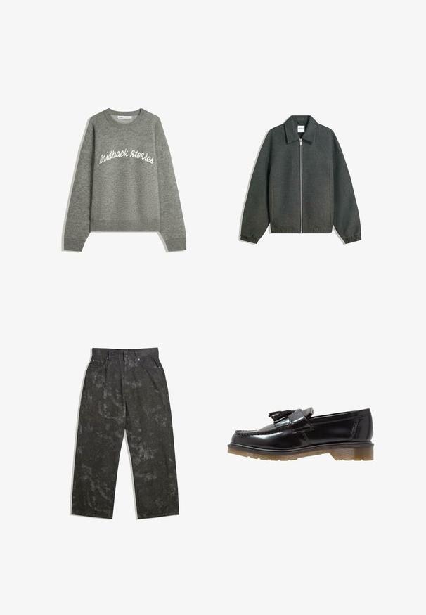 Jachetă gri cu fermoar, cu guler, mâneci raglan, manșete elastice și detalii cu talie strânsă. Fabricată din țesătură texturată.; Pulover gri tricotat cu guler rotund, având text brodat alb "laidback stories" pe piept, manșete și tiv cu model canelat.; Pantaloni din denim gri închis, cu o croială lejeră, având modele marmorate subtile și accente din metal. Design cu cinci buzunare.; Loaferi din piele patent neagră, cu un design împletit, accent cu ciucure și o talpă din cauciuc texturat, robustă. Vederea laterală evidențiază silueta elegantă.