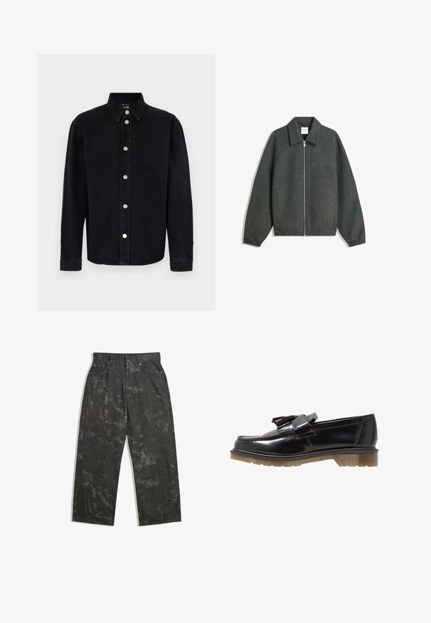 Graue Zip-Jacke mit kragenförmigem Ausschnitt, Raglanärmeln, elastischen Bündchen und gerafftem Taillendetail. Hergestellt aus texturiertem Stoff.; Schwarzes Jeanshemd mit langen Ärmeln, abknöpfbarem Kragen und silbernen Beschlägen. Verfügt über einen geraden Schnitt und eine schlichte Textur.; Dunkelgraue Jeanshose mit lockerer Passform, die dezente melierte Muster und metallische Details aufweist. Fünf-Taschen-Design.; Schwarze lackierte Lederloafers mit geflochtenem Design, Quastenakzent und einer klobigen, strukturierten Gummisohle. Die Seitenansicht zeigt die schlanke Silhouette.