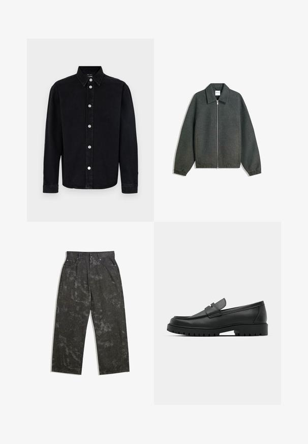 Grå lynlåsjakke med krave, raglanærmer, elastiske manchetter og rynket taljedetalje. Fremstillet af tekstureret stof.; Sort denimskjorte med lange ærmer, knaplukning ved kraven og sølvhardware. Har en lige pasform og ensartet tekstur.; Mørkegrå denimbukser med løs pasform, der har subtile støvlepletter og metalhardware-detaljer. Fem-lomme-design.; Sorte læder loafers med rund tå, der har et syet design, lav platformssål og en struktureret, skridsikker gummisål.