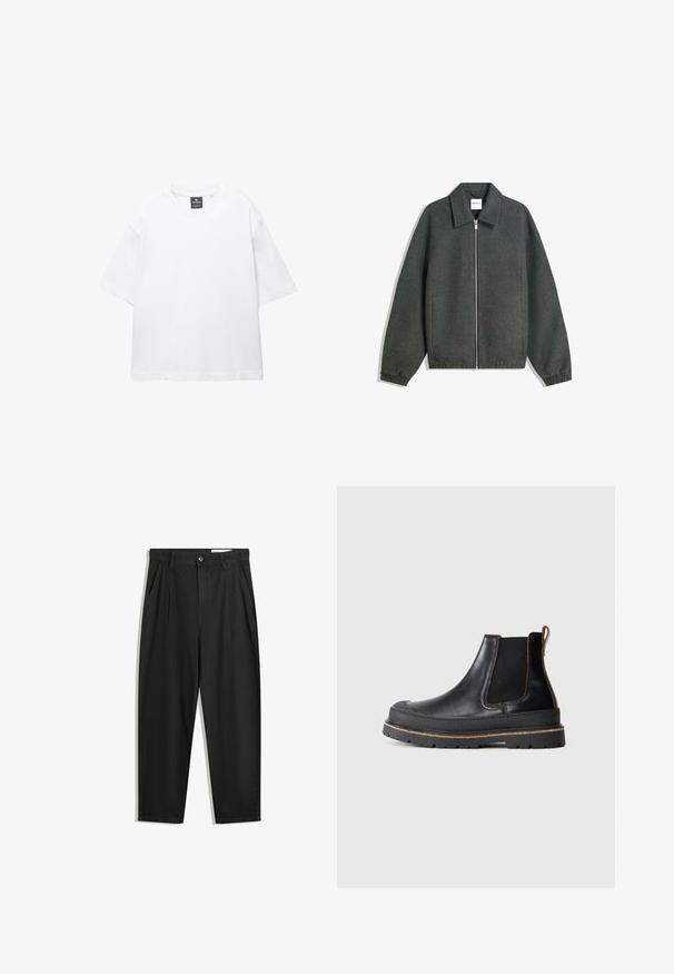 Graue Zip-Jacke mit kragenförmigem Ausschnitt, Raglanärmeln, elastischen Bündchen und gerafftem Taillendetail. Hergestellt aus texturiertem Stoff.; Weißes T-Shirt mit kurzen Ärmeln aus Baumwolle, das über einen Rundhalsausschnitt und einen lockeren Schnitt mit geradem Saum verfügt. Keine Muster oder Verzierungen.; Schwarze Baumwollhose mit lockerem Schnitt, ausgestattet mit einem klassischen Bund, vorderen Falten und Seiten taschen. Glatte Textur ohne Muster.; Schwarze Leder Chelsea-Boots mit derben Sohlen, elastischen Seitenpanelen und brachem Zuglasche, vor einem schlichten hellen Hintergrund gezeigt.