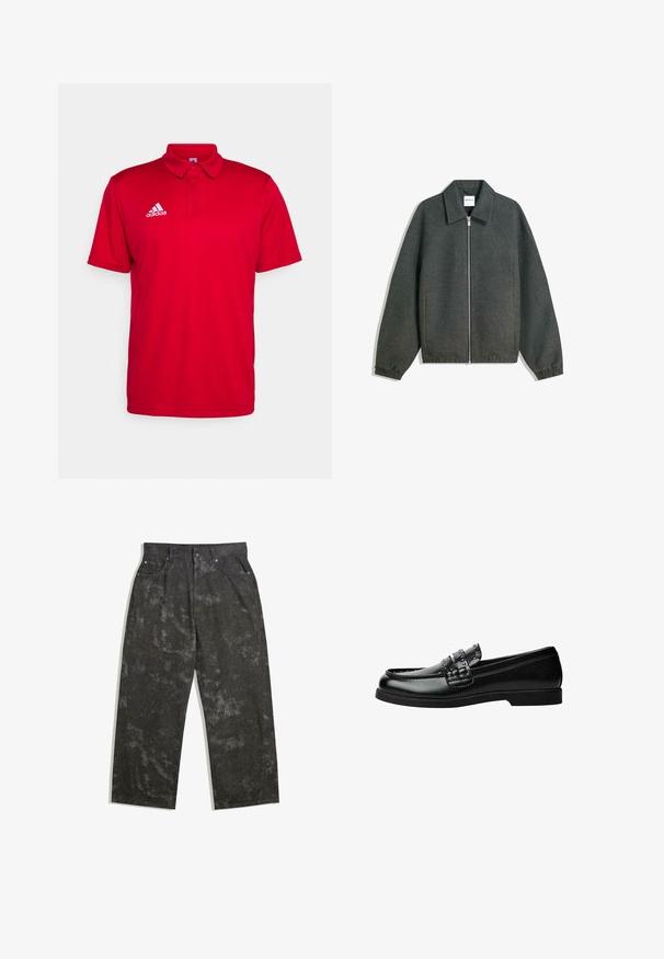 Grå lynlåsjakke med krave, raglanærmer, elastiske manchetter og rynket taljedetalje. Fremstillet af tekstureret stof.; Rød polo skjorte lavet af åndbart stof. Har en krave, korte ærmer og et hvidt Adidas-logo på venstre bryst.; Mørkegrå denimbukser med løs pasform, der har subtile støvlepletter og metalhardware-detaljer. Fem-lomme-design.; Sorte læderloafers med en glat finish, dekorative remme med nitter og en lav gummisål. Klassisk design med en slank profil.
