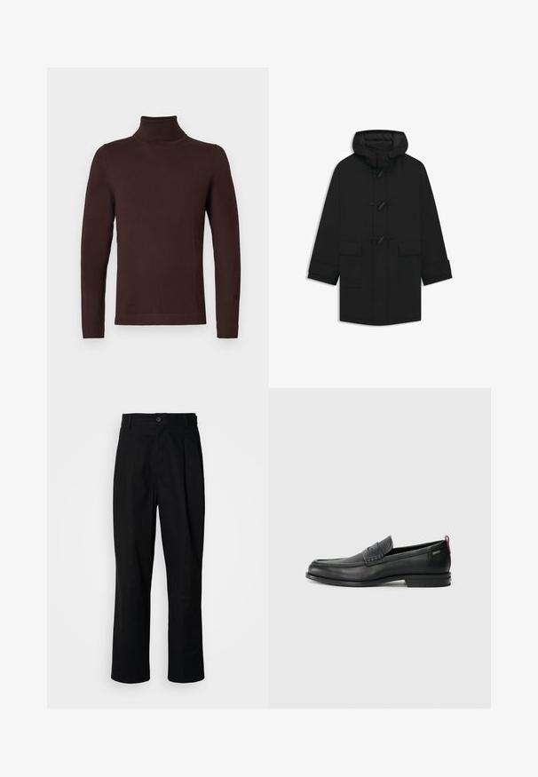 Cappotto nero con cappuccio, chiusura a toggles, due tasche anteriori a pattina e maniche lunghe, esposto su uno sfondo bianco.; Maglione turtleneck a maniche lunghe di colore marrone scuro con una vestibilità aderente, esposto su uno sfondo bianco semplice.; Pantaloni neri a gamba dritta con vita con bottoni, passanti per cintura e piega frontale, esposti su uno sfondo bianco semplice.; Mocassini in pelle nera con un pannello anteriore testurizzato e lati lisci. Presentano un tacco sottile e un anello sul retro per una vestibilità facile. Design classico.