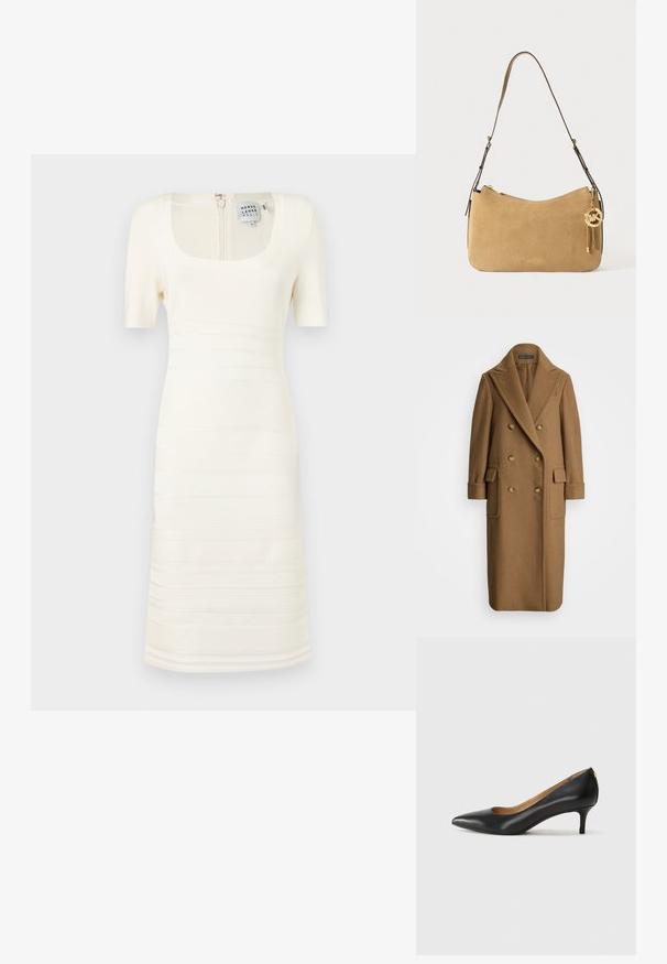 Polo Ralph Lauren CAMEL HAIR LONG POLO COAT - Klasický kabát - camel; Biele úpletové šaty s hranatým výstrihom a krátkymi rukávmi; majú horizontálne textúrové vzory a zapínanie na zips na chrbte.; Čierny kožený podpatek s špicatou špičkou, nízkym opätkom a hladkým povrchom. Obsahuje mierne otvorenie vpredu a minimálne kovové detaily na zadnej strane.; Kozmetická taška z pieskového semišu s zakriveným tvarom, zlatými kovovými doplnkami a zipsovým uzáverom. Obsahuje pripojený prívesok s iniciálkami "MK".