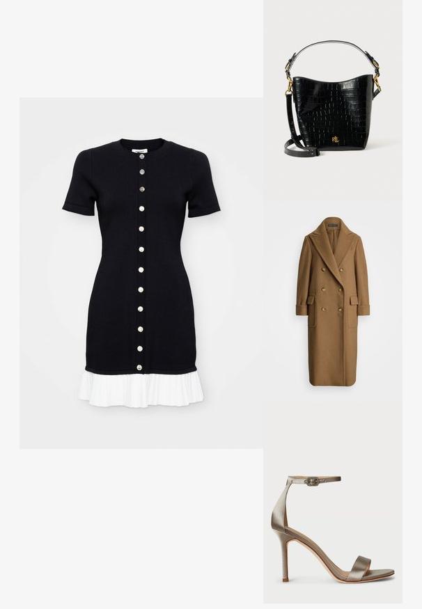 Polo Ralph Lauren CAMEL HAIR LONG POLO COAT - Palton clasic - camel; Rochie tricotată neagră cu mâneci scurte, decolteu rotund și tiv plisat alb. Prezintă o închidere cu butoane în față, cu butoane contrastante.; Sandalie cu toc înalt din satin, argintii, cu curea la gleznă, având o cataramă decorativă. Vârf deschis și un design subțire, elegant.; Geantă din piele cu embossare croc neagră, cu o formă curbată, accente din metal aurit, curea ajustabilă și un detaliu cu logo în față.
