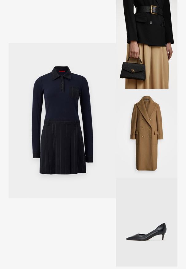 Polo Ralph Lauren CAMEL HAIR LONG POLO COAT - Classic coat - camel; Navy polo dress with long sleeves, ribbed texture, button closure, and a chest pocket; skirt features vertical stripes and pleats.; Black leather pump with a pointed toe and low heel. Features a smooth texture and subtle sheen. Open cut at the front for added detail.; Black structured handbag with a textured finish, gold hardware, and a top handle. Worn with a black blazer and beige skirt.