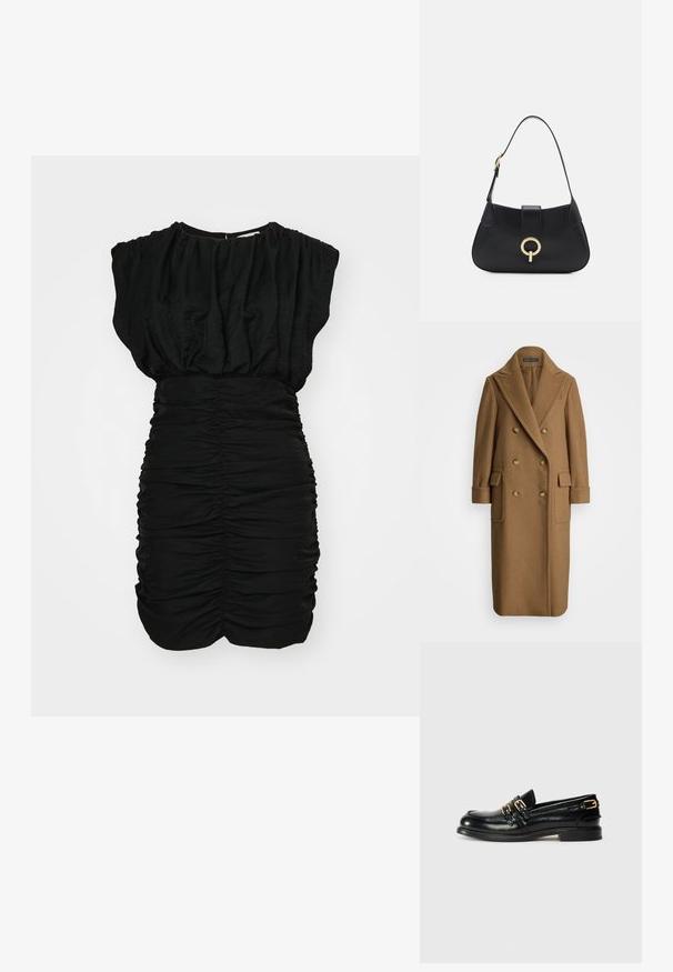 Polo Ralph Lauren CAMEL HAIR LONG POLO COAT - Abrigo clásico - camel; Vestido negro con textura fruncida, mangas cortas abullonadas y detalles fruncidos en la cintura. Tejido suave y ligero en una silueta ajustada.; Mocasines de cuero negro con un acabado brillante, que presentan dos hebillas doradas y un tacón bajo. Textura suave con diseño de punta redonda.; Bolso de cuero negro con una silueta curvada, correa corta, herrajes en tono dorado central y textura suave. Sin patrones ni acentos visibles.