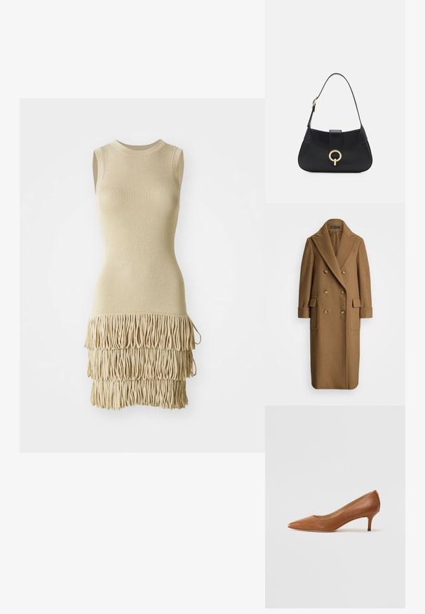 Polo Ralph Lauren CAMEL HAIR LONG POLO COAT - Klassischer Mantel - camel; Beige ärmelloses Kleid mit gerippter Textur, tailliertem Oberteil und mehrlagigem Fransenabschluss am Saum. Weiches Material mit glatter Oberfläche.; Lauren Ralph Lauren ADRIENNE - Pumps - deep saddle tan; Schwarze Ledertasche mit einer geschwungenen Silhouette, kurzer Tragriemen, zentralem goldfarbenem Hardware und glatter Textur. Keine sichtbaren Muster oder Akzente.