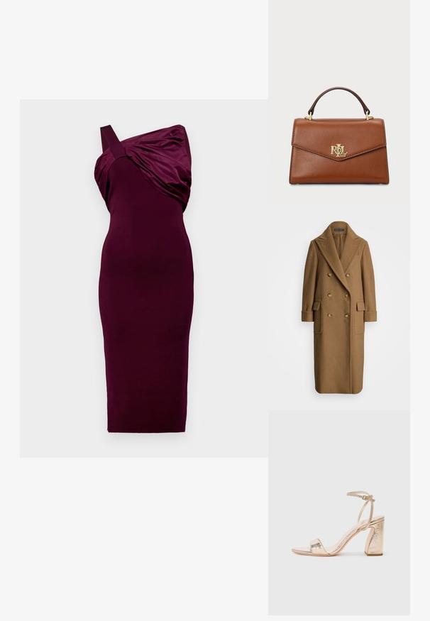 Polo Ralph Lauren CAMEL HAIR LONG POLO COAT - Klasikinis paltas - camel; Burgundi suknelė su viena petneša ir drapiruotu audiniu. Prigludęs dizainas, iki blauzdų ilgio, lygus paviršius.; Auksiniai metaliniai aukštakulniai sandalai turi plačią juostelę per pirštus, reguliuojamą kulkšnies juostą ir tekstūruotą bloko kulną.; Ruda oda rankinė su struktūrizuotu dizainu, viršutine rankena, auksiniais akcentais ir logotipo elementu priekyje. Lygus paviršius.