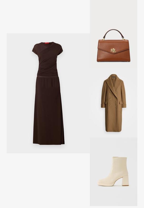 Polo Ralph Lauren CAMEL HAIR LONG POLO COAT - Klassisk frakke - camel; En lang, brun kjole med korte ærmer, der har en skræddersyet liv og en glat, flydende nederdel. Lavet af blødt, strækbart materiale.; Beige læder ankelstøvle med blokhæl og platformssål, glat overflade og let firkantet tå, vender til venstre på hvid baggrund.; Brun læderhåndtaske med en struktureret design, et topgreb, guldfarvet hardware og et logoaccent på forsiden. Glat tekstur.