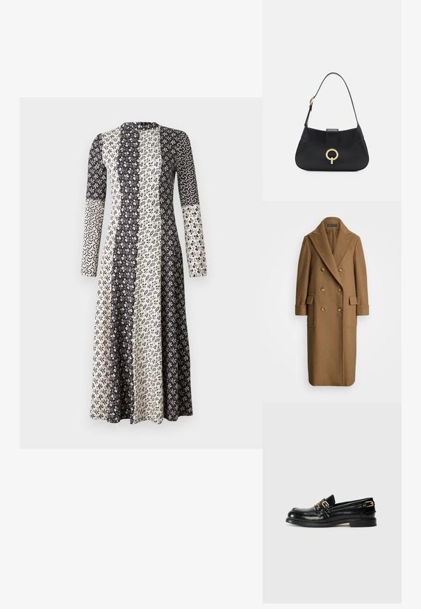 Polo Ralph Lauren CAMEL HAIR LONG POLO COAT - Klasični plašč - camel; Dolga obleka z dolgimi rokavi, ki ima dizajn iz patchworka v črni in kremni barvi z cvetličnimi in spiralatnimi vzorci, izdelana iz lahke tkanine.; Črne usnjene loferice z debelim sijajem, opremljene z dvema zlatima zaponkama in nizko peto. Gladka tekstura z zaobljeno obliko prstov.; Črna usnjena torbica s ukrivljeno silhueto, kratkim ročajem, centralno zlatim okrasom in gladko teksturo. Brez vidnih vzorcev ali dodatkov.