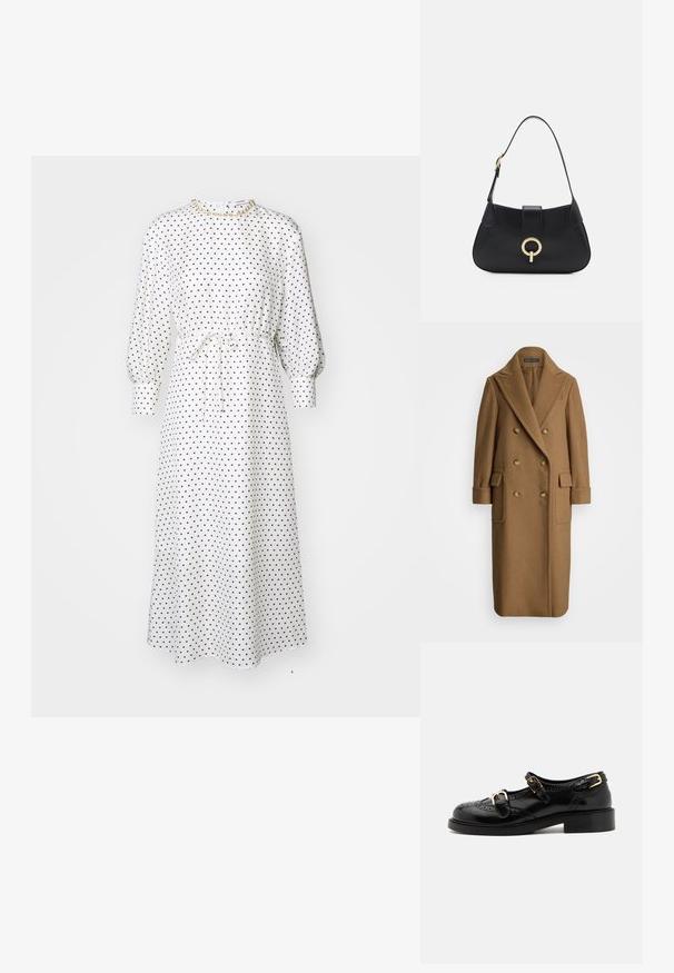 Polo Ralph Lauren CAMEL HAIR LONG POLO COAT - Klassischer Mantel - camel; Weißes Midikleid mit weißen Punkten, langen Puffärmeln, tailliertem Bund und Bindeband. Weicher Stoff, locker geschnitten, runder Ausschnitt, minimale Hardware.; Schwarze Lederschuhe mit Broguedetails, ausgestattet mit zwei Schnallenriemen, einer abgerundeten Zehenpartie und einem flachen Absatz. Glatte Textur mit glänzendem Finish.; Schwarze Ledertasche mit einer geschwungenen Silhouette, kurzer Tragriemen, zentralem goldfarbenem Hardware und glatter Textur. Keine sichtbaren Muster oder Akzente.