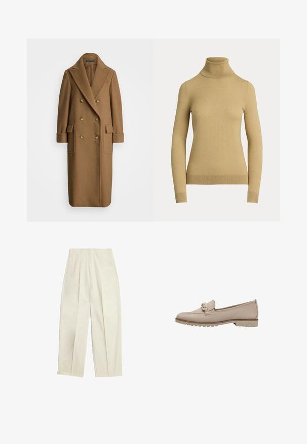 Polo Ralph Lauren CAMEL HAIR LONG POLO COAT - Klassisk frakke - camel; Rullekrave sweater i lys beige, lavet af et glat, blødt strik. Har lange ærmer og en tætsiddende silhuet med ribbet kant.; Beige vide benbukser lavet af et blødt stof, med frontfolder, sidelommer og en løs pasform for komfort og stil.; Beige læder loafers med en syet søm og dekorativ knude på vristen. Har en struktureret gummisål for greb og let polstring.