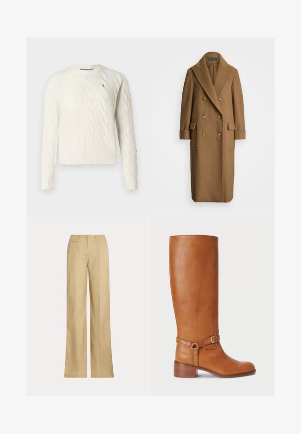 Polo Ralph Lauren CAMEL HAIR LONG POLO COAT - Klasszikus kabát - camel; Krém színű, kábelmintás pulóver hosszú ujjakkal és kerek nyakkal, bal mellen kis hímzett logóval.; Sima pamutból készült bézs, bő szárú nadrág, klasszikus derékrésszel és hátsó zsebből, egyenes vonalú fazonnal és minimális díszítéssel.; Magas, barna bőrcipők sima felülettel, oldalán csatos pánttal és rétegelt sarkal. A felsőrész letisztult, díszítés nélküli dizájnnal rendelkezik.