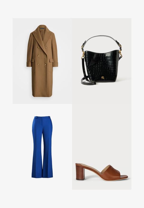 Polo Ralph Lauren CAMEL HAIR LONG POLO COAT - Klasisks mētelis - camel; Balta krekla ar garām piedurknēm, klasiskā josta un mazs zils logo uz aproces. Gluda kokvilnas auduma, strukturēta piegriezuma.; Izplūduši zili bikses, izgatavotas no teksturēta auduma, ar piegrieztiem gurniem un priekšējo krokas detaļu, piemērotas formālai vai ikdienas valkāšanai.; Brūnas ādas augstpapēžu mūles ar plašu atvērtu purngalu, izliekto augšdaļu un sakrautu cilindrisku papēdi ar horizontālām līnijām.; Melnas krokodila raksts ādas soma ar izliekta formu, zelta aparatūru, regulējamu siksnu un logotipa detaļu priekšpusē.