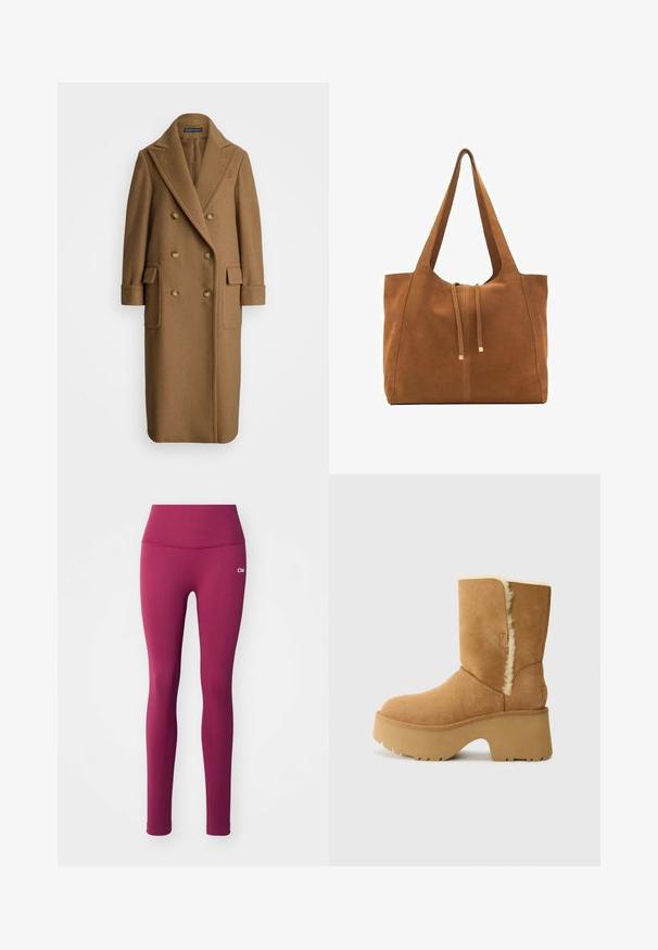 Polo Ralph Lauren CAMEL HAIR LONG POLO COAT - Klasičan kaput - camel; Bijela majica kratkih rukava s opuštenim krojem, laganom teksturom i okruglim izrezom. Stražnji pogled prikazuje glatki, jednostavni dizajn.; Ljubičaste rebraste tajice s visokim strukom i malim bijelim logom. Tkanina se čini rastezljivom i glatkom, pogodnom za aktivno nošenje.; UGG NEW HEIGHTS CUFF - Zimske čizme - chestnut; Smeđa antilop torba za ruke s dva duga remena, zatvaranje na vezicu i minimalistički dizajn. Glatka tekstura i bez vidljivih metalnih elemenata.