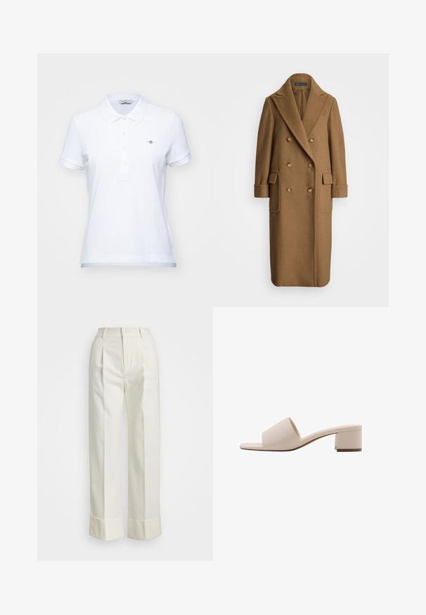 Polo Ralph Lauren CAMEL HAIR LONG POLO COAT - Klasický kabát - camel; Bílá polokošile s klasickým límečkem, krátkými rukávy a pětitlačkovou légou. Obsahuje malou vyšitou logo na hrudi.; Bílé kalhoty na míru s vysokým pasem, dvojitými předními záhyby a širokými nohavicemi s ohrnutými lemy. Vyrobeny z hladké, strukturované tkaniny.; Béžová sandála na bloku s širokým páskem a otevřenou špičkou. Hladký materiál a elegantní design. Krátký, pevný podpatek pro stabilitu.
